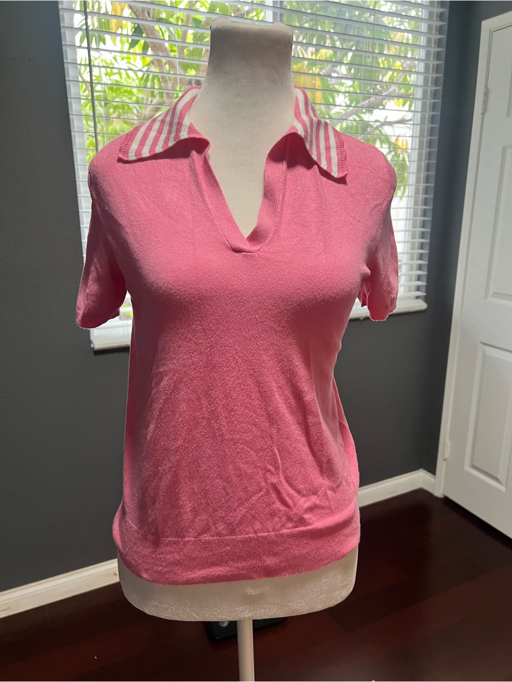 Nautica Pink Polo-Style Knit Top with Striped Collar. Size Small